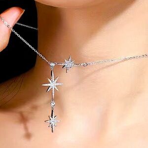 Sterling Silver Star Starburst North Star Zircon Minimalist Necklace